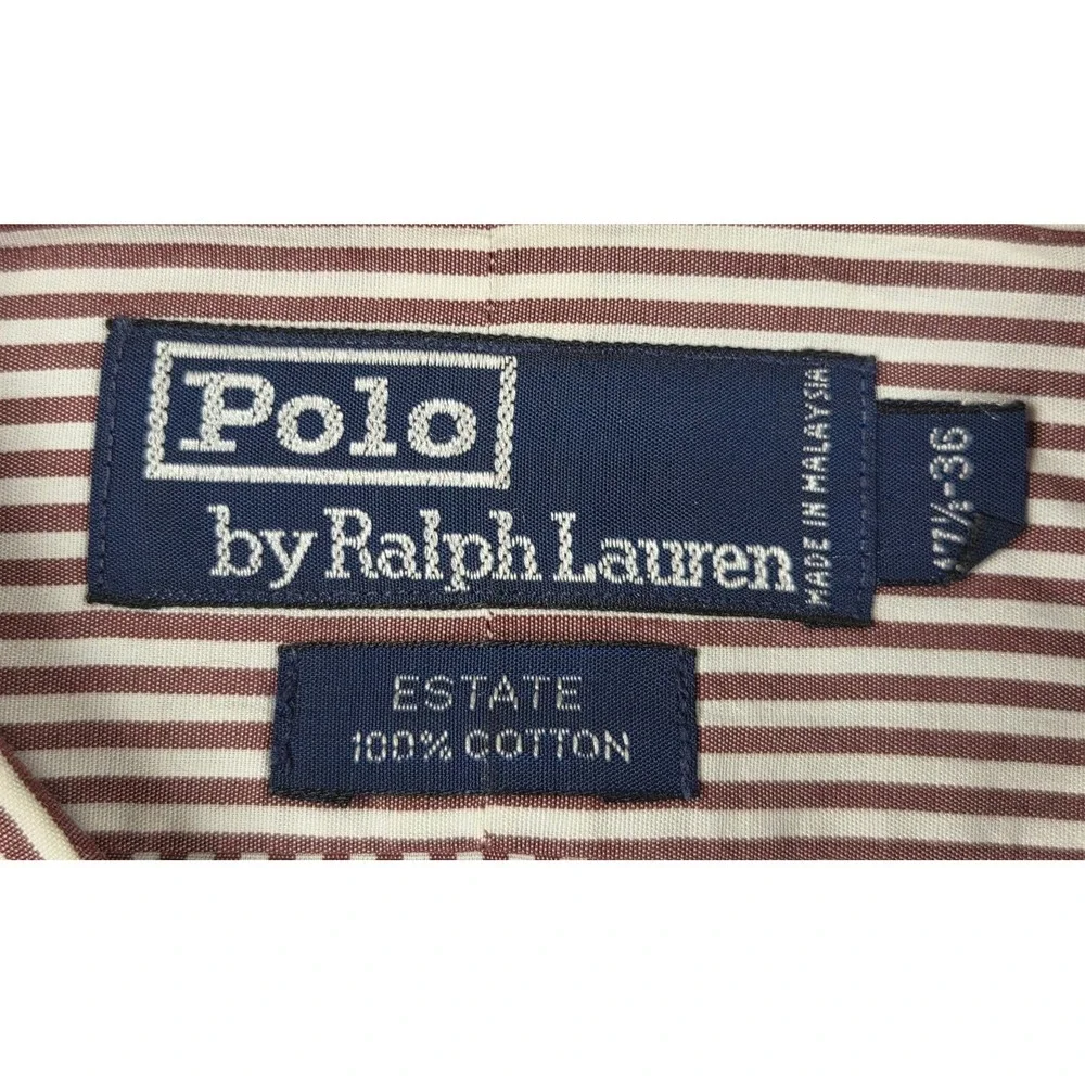 Polo Ralph Lauren Estate Mens 17.5 36 Burgundy White Striped Cotton Dress Shirt